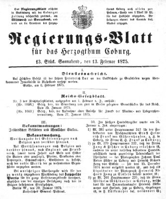 Regierungs-Blatt für das Herzogtum Coburg (Coburger Regierungs-Blatt) Samstag 13. Februar 1875