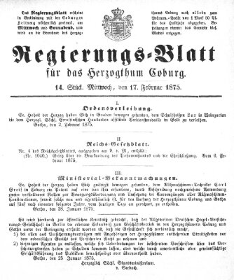 Regierungs-Blatt für das Herzogtum Coburg (Coburger Regierungs-Blatt) Mittwoch 17. Februar 1875