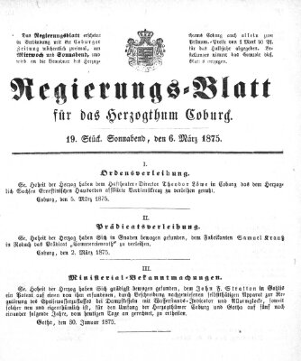 Regierungs-Blatt für das Herzogtum Coburg (Coburger Regierungs-Blatt) Samstag 6. März 1875