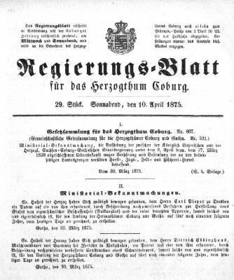 Regierungs-Blatt für das Herzogtum Coburg (Coburger Regierungs-Blatt) Samstag 10. April 1875