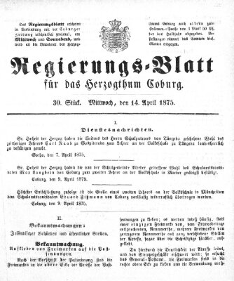 Regierungs-Blatt für das Herzogtum Coburg (Coburger Regierungs-Blatt) Mittwoch 14. April 1875