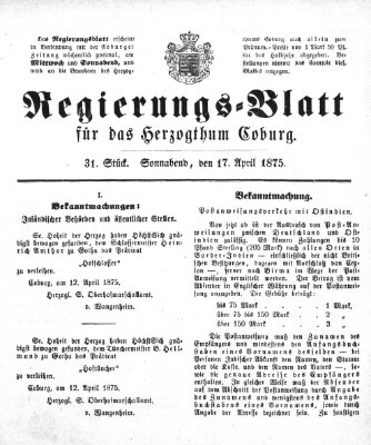 Regierungs-Blatt für das Herzogtum Coburg (Coburger Regierungs-Blatt) Samstag 17. April 1875