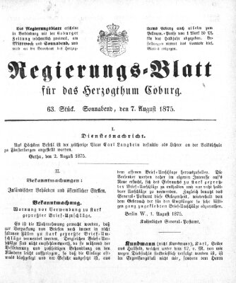 Regierungs-Blatt für das Herzogtum Coburg (Coburger Regierungs-Blatt) Samstag 7. August 1875