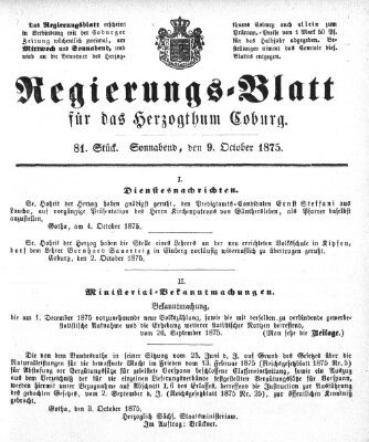 Regierungs-Blatt für das Herzogtum Coburg (Coburger Regierungs-Blatt) Samstag 9. Oktober 1875