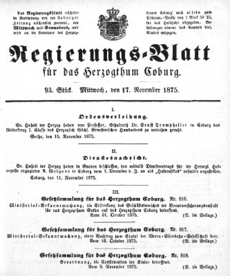 Regierungs-Blatt für das Herzogtum Coburg (Coburger Regierungs-Blatt) Mittwoch 17. November 1875