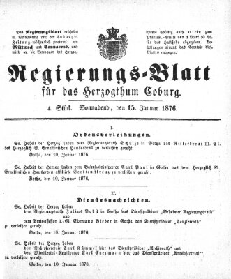 Regierungs-Blatt für das Herzogtum Coburg (Coburger Regierungs-Blatt) Samstag 15. Januar 1876