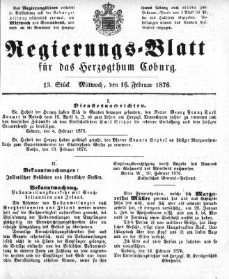 Regierungs-Blatt für das Herzogtum Coburg (Coburger Regierungs-Blatt) Mittwoch 16. Februar 1876