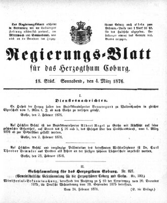 Regierungs-Blatt für das Herzogtum Coburg (Coburger Regierungs-Blatt) Samstag 4. März 1876