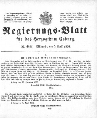 Regierungs-Blatt für das Herzogtum Coburg (Coburger Regierungs-Blatt) Mittwoch 5. April 1876