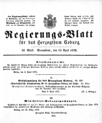 Regierungs-Blatt für das Herzogtum Coburg (Coburger Regierungs-Blatt) Samstag 15. April 1876