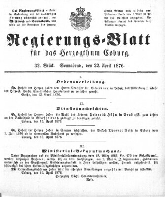 Regierungs-Blatt für das Herzogtum Coburg (Coburger Regierungs-Blatt) Samstag 22. April 1876