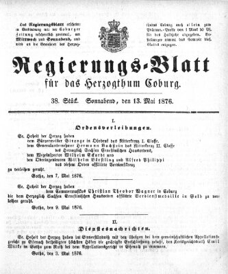 Regierungs-Blatt für das Herzogtum Coburg (Coburger Regierungs-Blatt) Samstag 13. Mai 1876