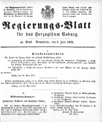 Regierungs-Blatt für das Herzogtum Coburg (Coburger Regierungs-Blatt) Samstag 3. Juni 1876