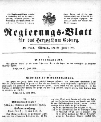 Regierungs-Blatt für das Herzogtum Coburg (Coburger Regierungs-Blatt) Mittwoch 21. Juni 1876