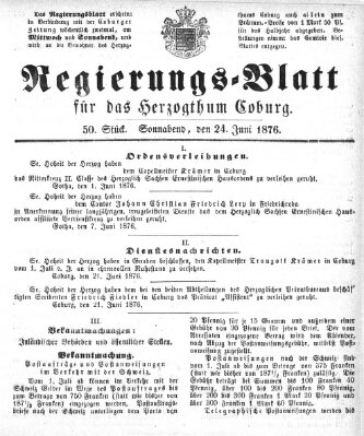 Regierungs-Blatt für das Herzogtum Coburg (Coburger Regierungs-Blatt) Samstag 24. Juni 1876