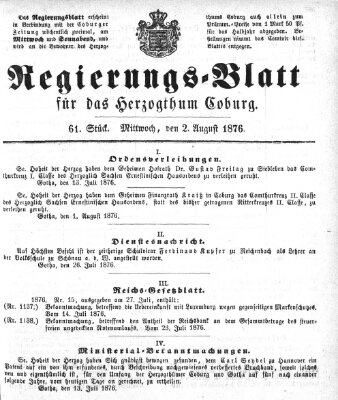 Regierungs-Blatt für das Herzogtum Coburg (Coburger Regierungs-Blatt) Mittwoch 2. August 1876