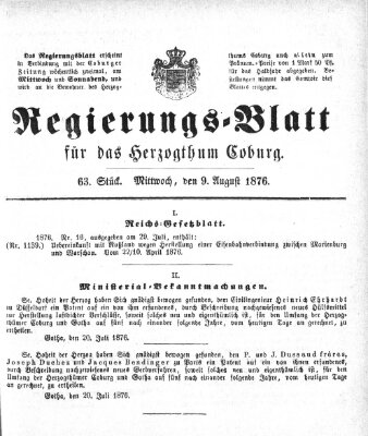 Regierungs-Blatt für das Herzogtum Coburg (Coburger Regierungs-Blatt) Mittwoch 9. August 1876