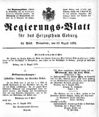 Regierungs-Blatt für das Herzogtum Coburg (Coburger Regierungs-Blatt) Samstag 12. August 1876