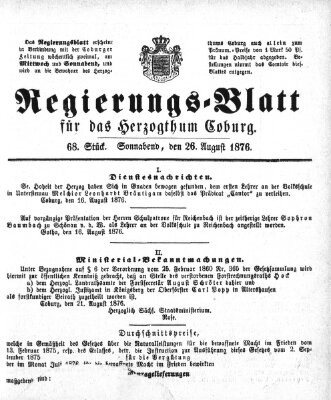 Regierungs-Blatt für das Herzogtum Coburg (Coburger Regierungs-Blatt) Samstag 26. August 1876