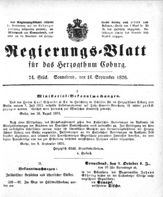 Regierungs-Blatt für das Herzogtum Coburg (Coburger Regierungs-Blatt) Samstag 16. September 1876