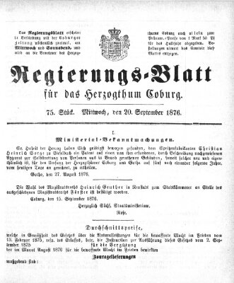 Regierungs-Blatt für das Herzogtum Coburg (Coburger Regierungs-Blatt) Mittwoch 20. September 1876