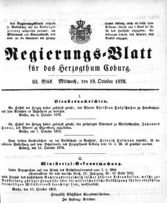 Regierungs-Blatt für das Herzogtum Coburg (Coburger Regierungs-Blatt) Mittwoch 18. Oktober 1876