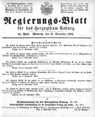 Regierungs-Blatt für das Herzogtum Coburg (Coburger Regierungs-Blatt) Mittwoch 22. November 1876