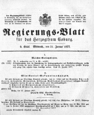 Regierungs-Blatt für das Herzogtum Coburg (Coburger Regierungs-Blatt) Mittwoch 31. Januar 1877