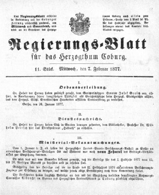 Regierungs-Blatt für das Herzogtum Coburg (Coburger Regierungs-Blatt) Mittwoch 7. Februar 1877