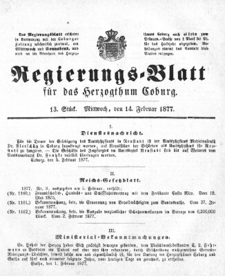 Regierungs-Blatt für das Herzogtum Coburg (Coburger Regierungs-Blatt) Mittwoch 14. Februar 1877