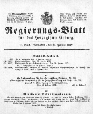 Regierungs-Blatt für das Herzogtum Coburg (Coburger Regierungs-Blatt) Samstag 24. Februar 1877