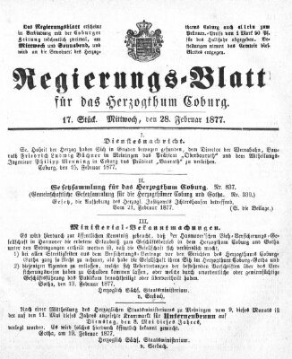 Regierungs-Blatt für das Herzogtum Coburg (Coburger Regierungs-Blatt) Mittwoch 28. Februar 1877