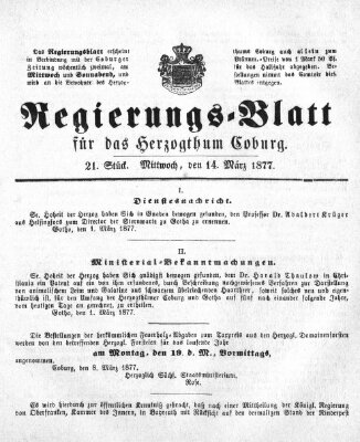 Regierungs-Blatt für das Herzogtum Coburg (Coburger Regierungs-Blatt) Mittwoch 14. März 1877