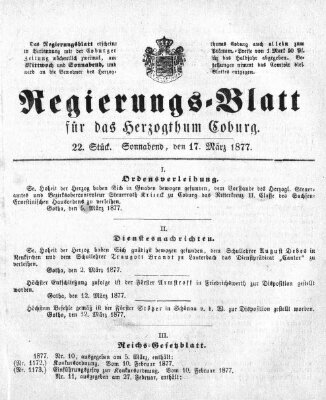 Regierungs-Blatt für das Herzogtum Coburg (Coburger Regierungs-Blatt) Samstag 17. März 1877