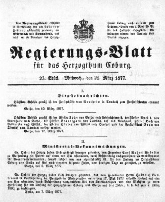 Regierungs-Blatt für das Herzogtum Coburg (Coburger Regierungs-Blatt) Mittwoch 21. März 1877