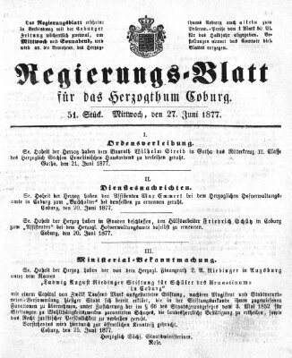 Regierungs-Blatt für das Herzogtum Coburg (Coburger Regierungs-Blatt) Mittwoch 27. Juni 1877