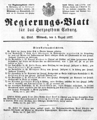 Regierungs-Blatt für das Herzogtum Coburg (Coburger Regierungs-Blatt) Mittwoch 1. August 1877