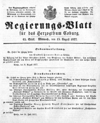 Regierungs-Blatt für das Herzogtum Coburg (Coburger Regierungs-Blatt) Mittwoch 15. August 1877