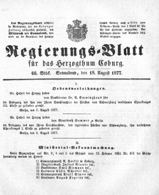 Regierungs-Blatt für das Herzogtum Coburg (Coburger Regierungs-Blatt) Samstag 18. August 1877