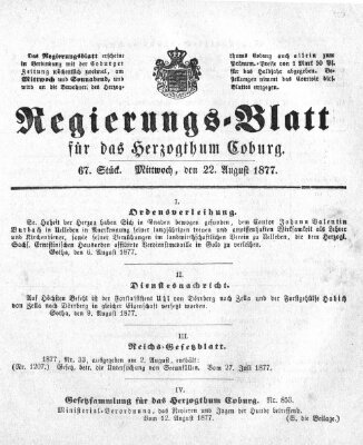 Regierungs-Blatt für das Herzogtum Coburg (Coburger Regierungs-Blatt) Mittwoch 22. August 1877