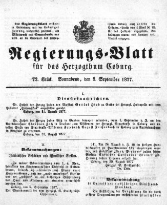 Regierungs-Blatt für das Herzogtum Coburg (Coburger Regierungs-Blatt) Samstag 8. September 1877