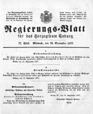 Regierungs-Blatt für das Herzogtum Coburg (Coburger Regierungs-Blatt) Mittwoch 26. September 1877