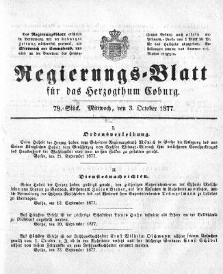 Regierungs-Blatt für das Herzogtum Coburg (Coburger Regierungs-Blatt) Mittwoch 3. Oktober 1877