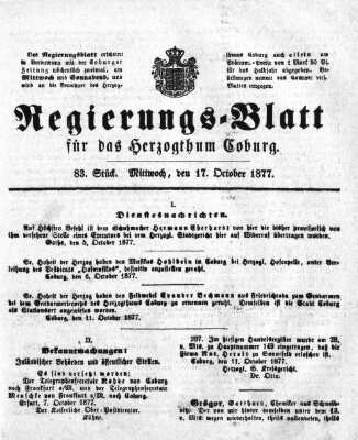 Regierungs-Blatt für das Herzogtum Coburg (Coburger Regierungs-Blatt) Mittwoch 17. Oktober 1877