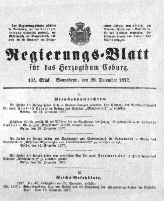 Regierungs-Blatt für das Herzogtum Coburg (Coburger Regierungs-Blatt) Samstag 29. Dezember 1877