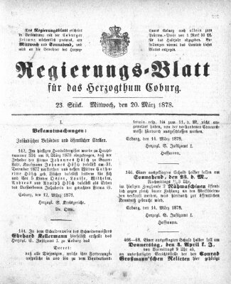 Regierungs-Blatt für das Herzogtum Coburg (Coburger Regierungs-Blatt) Mittwoch 20. März 1878