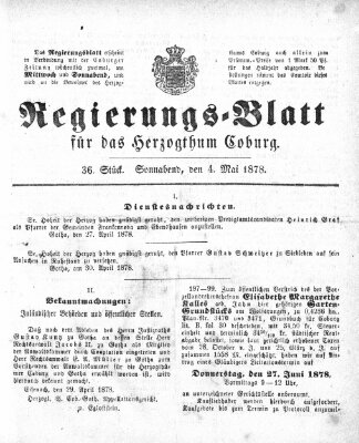 Regierungs-Blatt für das Herzogtum Coburg (Coburger Regierungs-Blatt) Samstag 4. Mai 1878