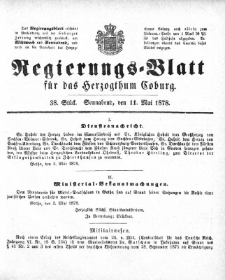 Regierungs-Blatt für das Herzogtum Coburg (Coburger Regierungs-Blatt) Samstag 11. Mai 1878