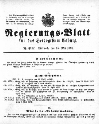 Regierungs-Blatt für das Herzogtum Coburg (Coburger Regierungs-Blatt) Mittwoch 15. Mai 1878