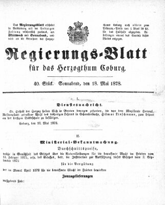 Regierungs-Blatt für das Herzogtum Coburg (Coburger Regierungs-Blatt) Samstag 18. Mai 1878